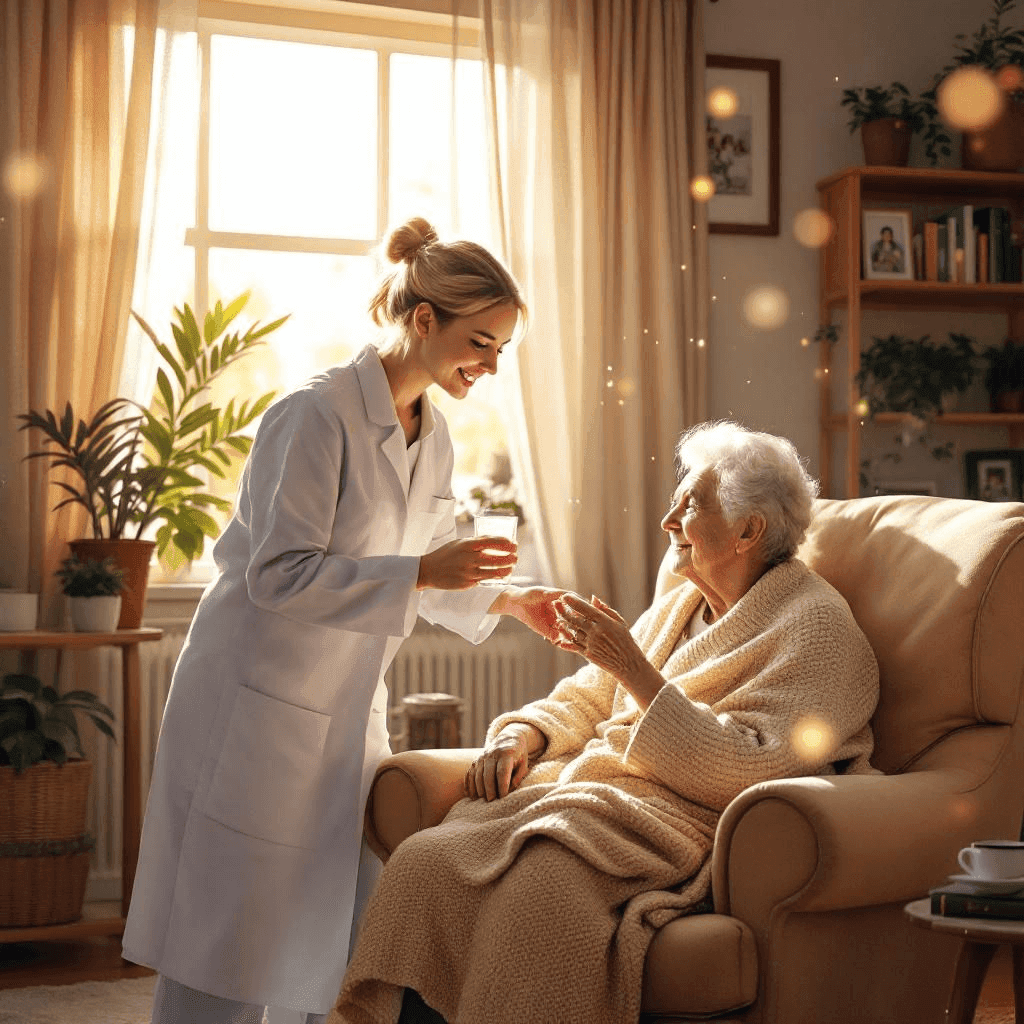 An older woman and a companion sharing a quiet moment outdoors